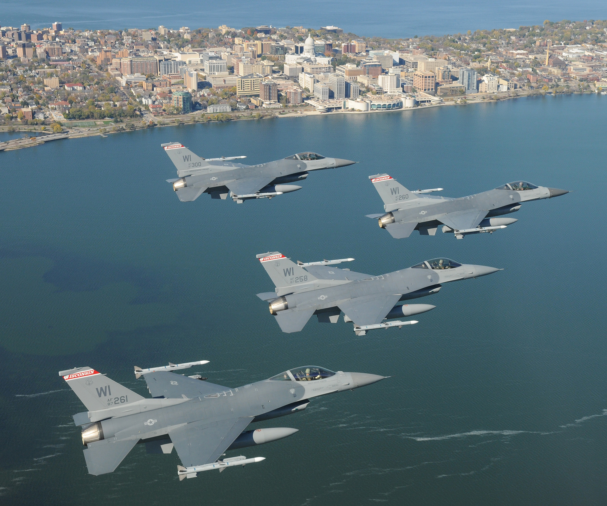 Four jets flying over the Madison, WI, isthmus